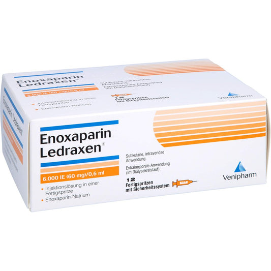 Das Produktfoto zeigt Enoxaparin Ledraxen 6.000 I.E. 60mg/0,6ml Ife (12 stk) PZN 16203171