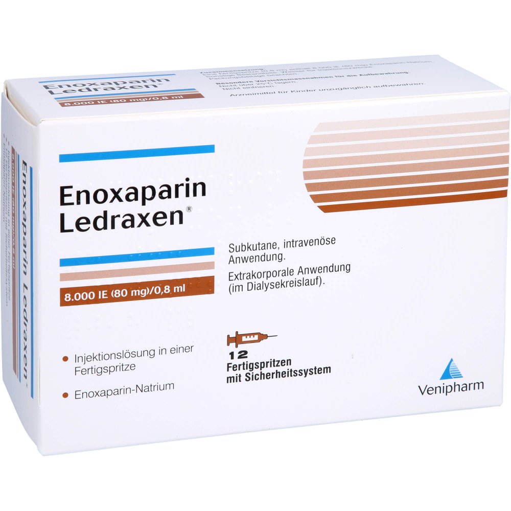 Das Produktfoto zeigt Enoxaparin Ledraxen 8.000 I.E. 80mg/0,8ml Ife (12 stk) PZN 16203202