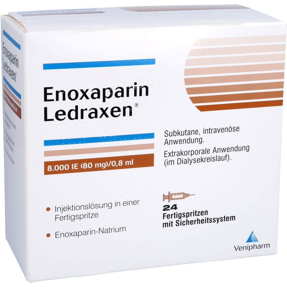 Das Produktfoto zeigt Enoxaparin Ledraxen 8.000 I.E. 80mg/0,8ml Ife (24 stk) PZN 16203219
