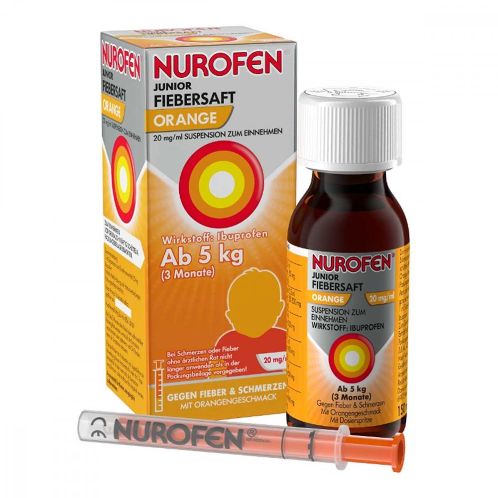 Das Produktfoto zeigt Nurofen Junior Fiebersaft Orange 20 Mg/Ml (150 ml) PZN 16205709