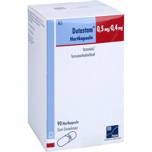 Das Produktfoto zeigt Dutastam 0,5 Mg/0,4 Mg Hartkapseln (90 stk) PZN 16206011