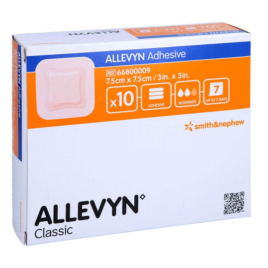 Das Produktfoto zeigt Allevyn Adhesive 7,5x7,5 Cm Haftende Wundauflage (10 stk) PZN 16222122