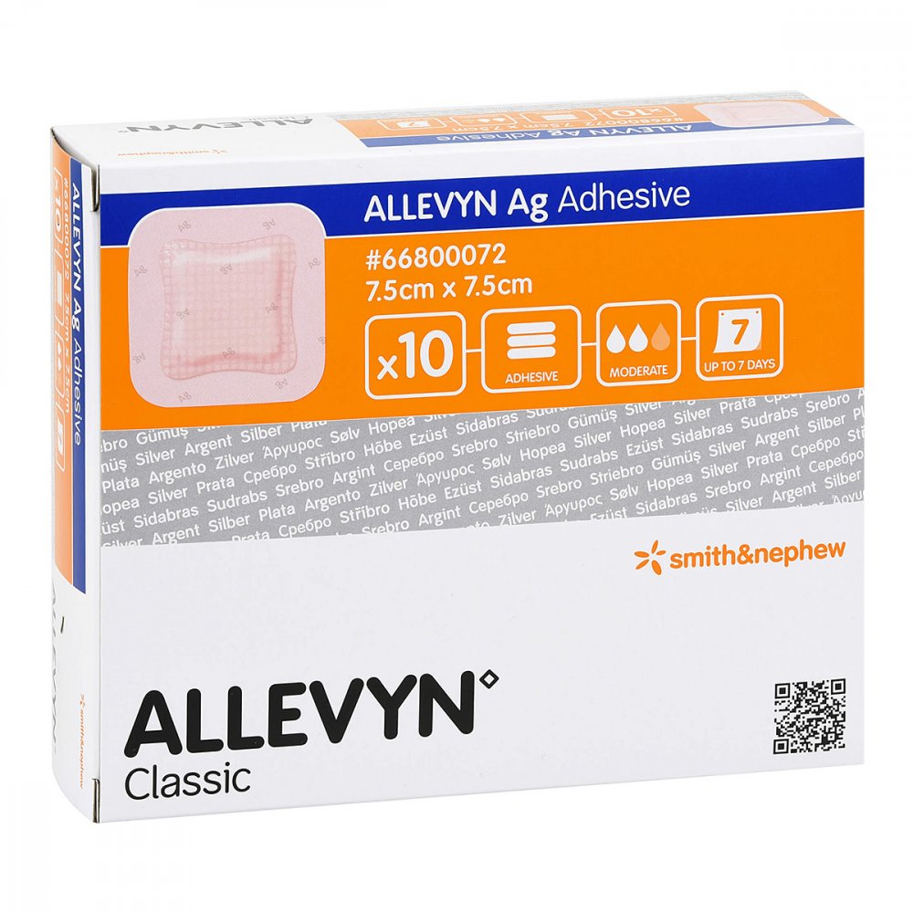 Das Produktfoto zeigt Allevyn Ag Adhesive 7,5x7,5 Cm Wundverband (10 stk) PZN 16222197