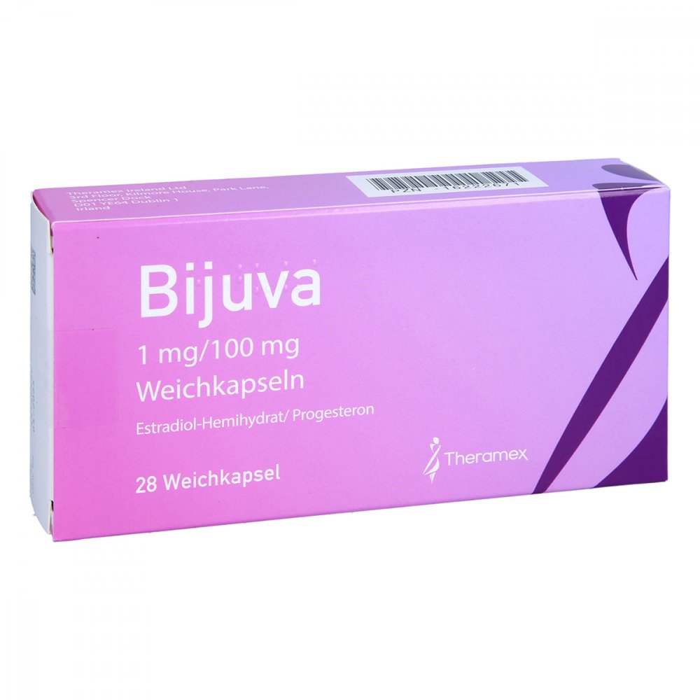 Das Produktfoto zeigt Bijuva 1 Mg/100 Mg Weichkapseln (28 stk) PZN 16222671