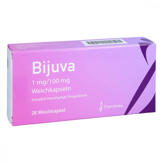 Das Produktfoto zeigt Bijuva 1 Mg/100 Mg Weichkapseln (28 stk) PZN 16222671