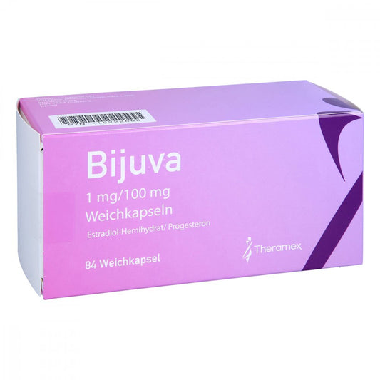 Das Produktfoto zeigt Bijuva 1 Mg/100 Mg Weichkapseln (84 stk) PZN 16222688