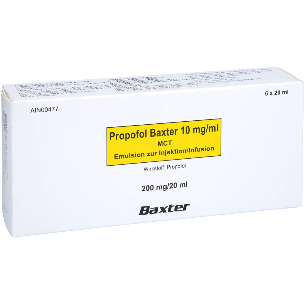 Das Produktfoto zeigt Propofol Baxter 10 Mg/Ml Mct Emul.Z.Inj./Inf.Dsfl. (5X20 ml) PZN 16225445