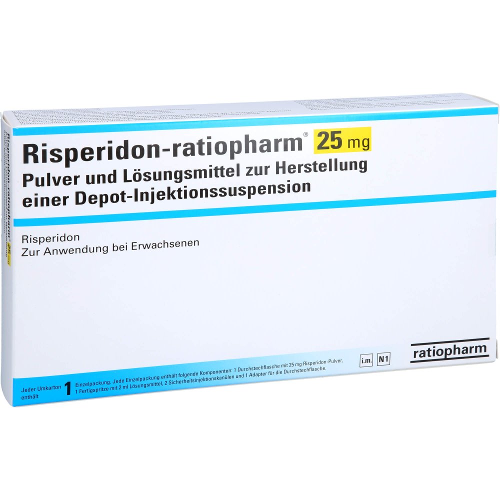 Das Produktfoto zeigt Risperidon-Ratiopharm 25mg P.U.Lm H.Dep.-Inj.-S. (1 stk) PZN 16232988