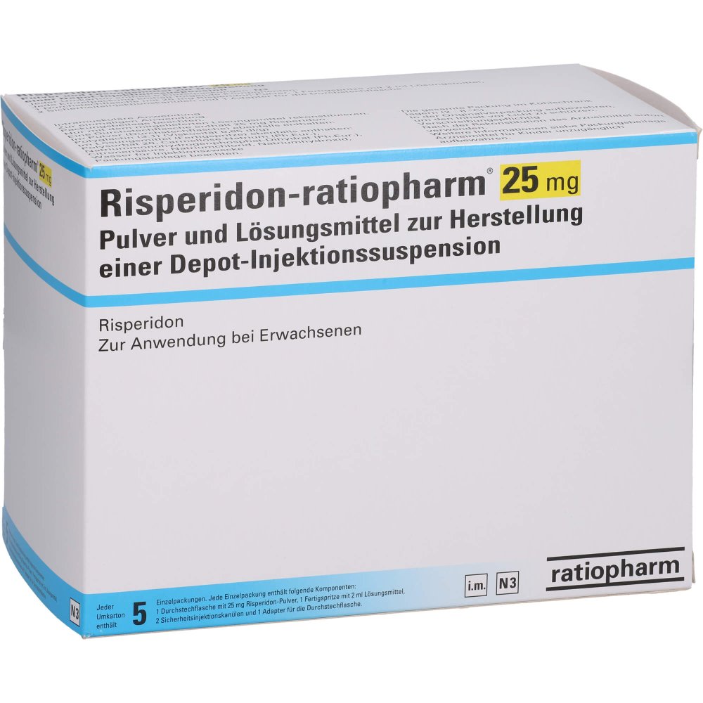 Das Produktfoto zeigt Risperidon-Ratiopharm 25mg P.U.Lm H.Dep.-Inj.-S. (5 stk) PZN 16232994