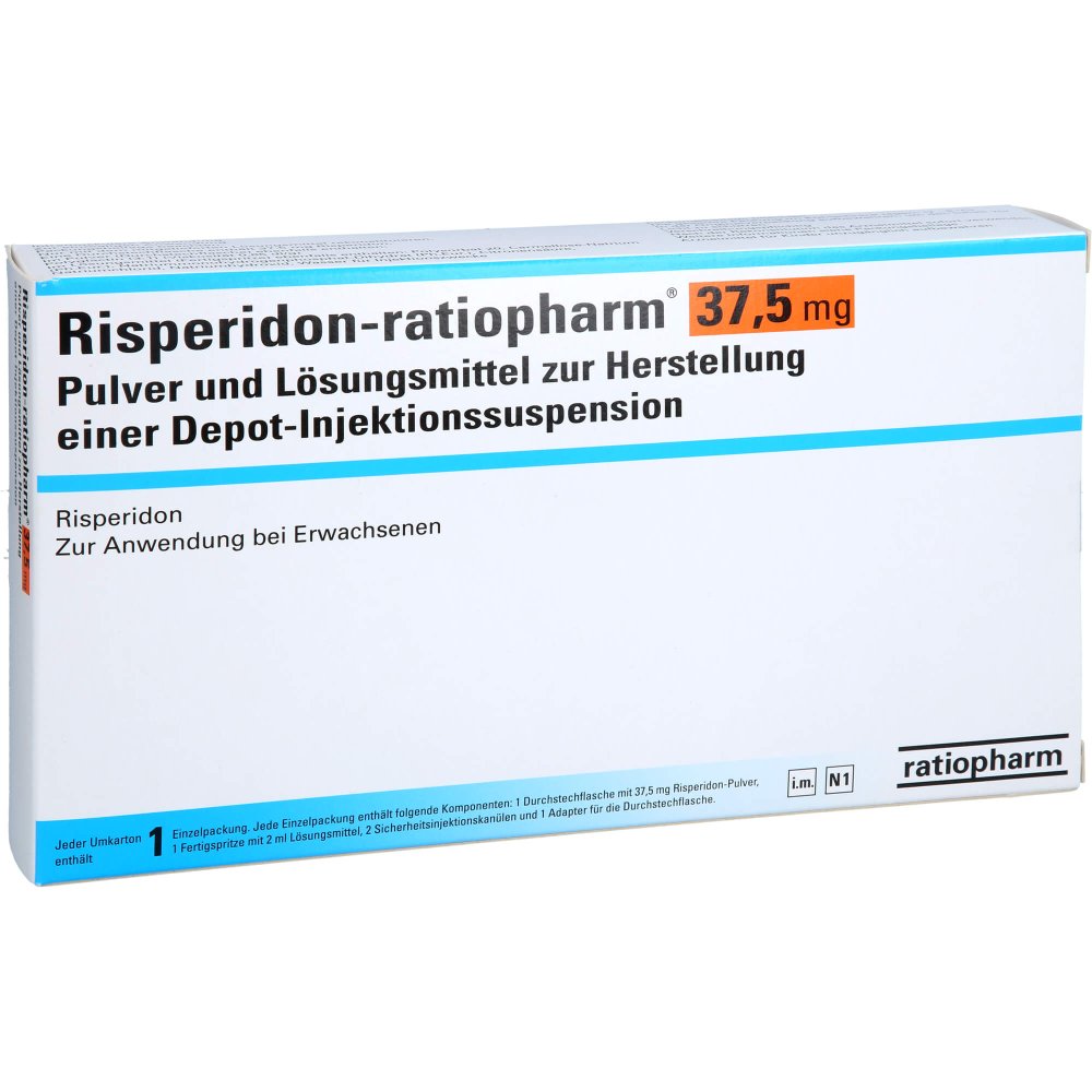 Das Produktfoto zeigt Risperidon-Ratiopharm 37,5mg P.U.Lm H.Dep.-Inj.-S. (1 stk) PZN 16233002