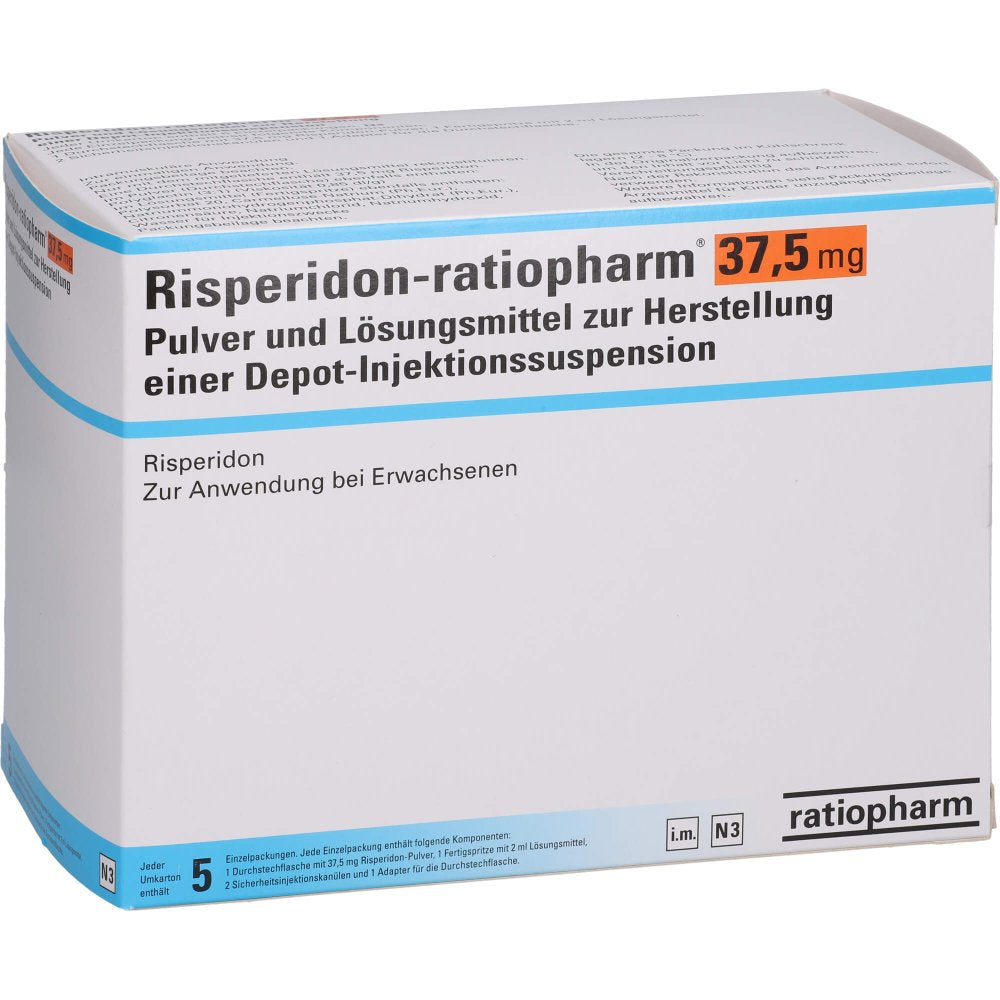 Das Produktfoto zeigt Risperidon-Ratiopharm 37,5mg P.U.Lm H.Dep.-Inj.-S. (5 stk) PZN 16233019