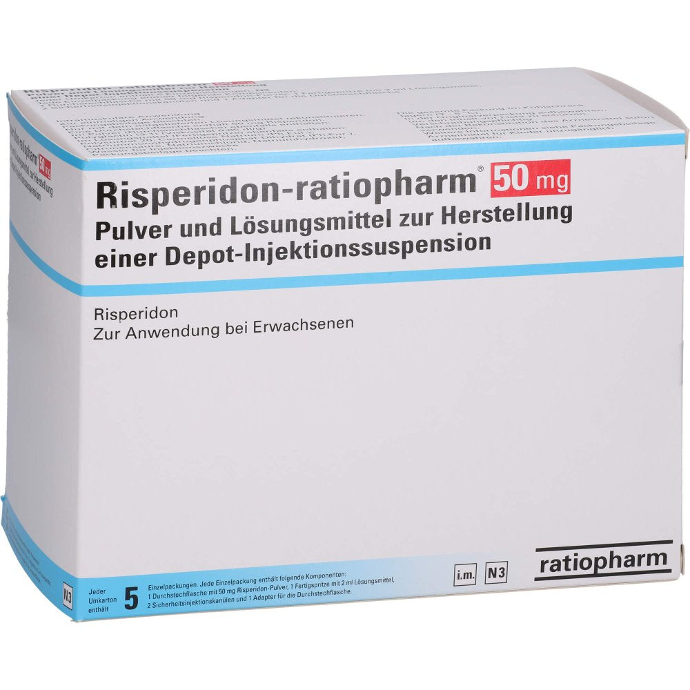 Das Produktfoto zeigt Risperidon-Ratiopharm 50mg P.U.Lm H.Dep.-Inj.-S. (5 stk) PZN 16233031