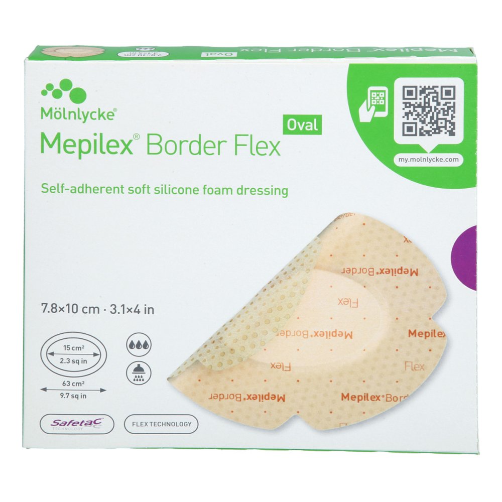 Das Produktfoto zeigt Mepilex Border Flex Schaumverb.Haft.7,8x10 Cm Oval (5 stk) PZN 16258901