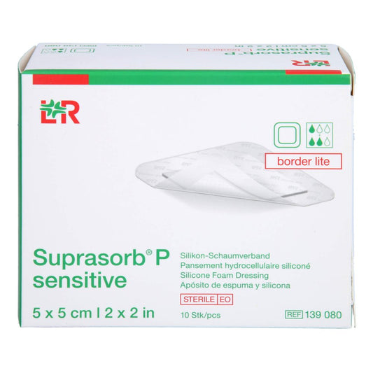Das Produktfoto zeigt Suprasorb P Sensitive Pu-Schaumv.Bor.Lite 5x5cm (10 stk) PZN 16259036