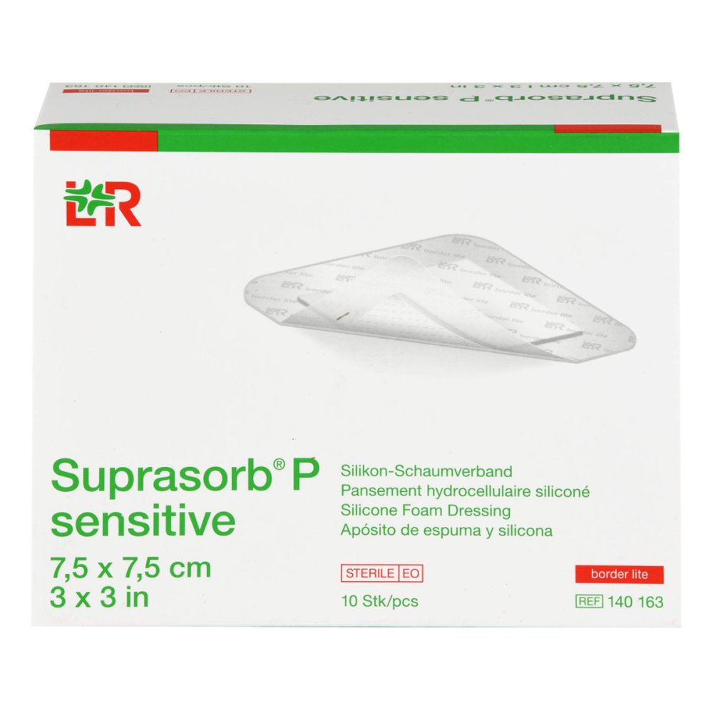 Das Produktfoto zeigt Suprasorb P Sensitive Pu-Schaumv.Bor.Lite 7,5x7,5 (10 stk) PZN 16259042
