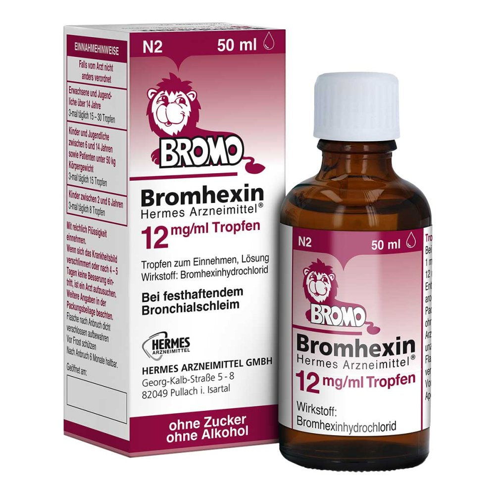 Das Produktfoto zeigt Bromhexin Hermes Arzneimittel 12 Mg/Ml Tropfen (50 ml) PZN 16260588