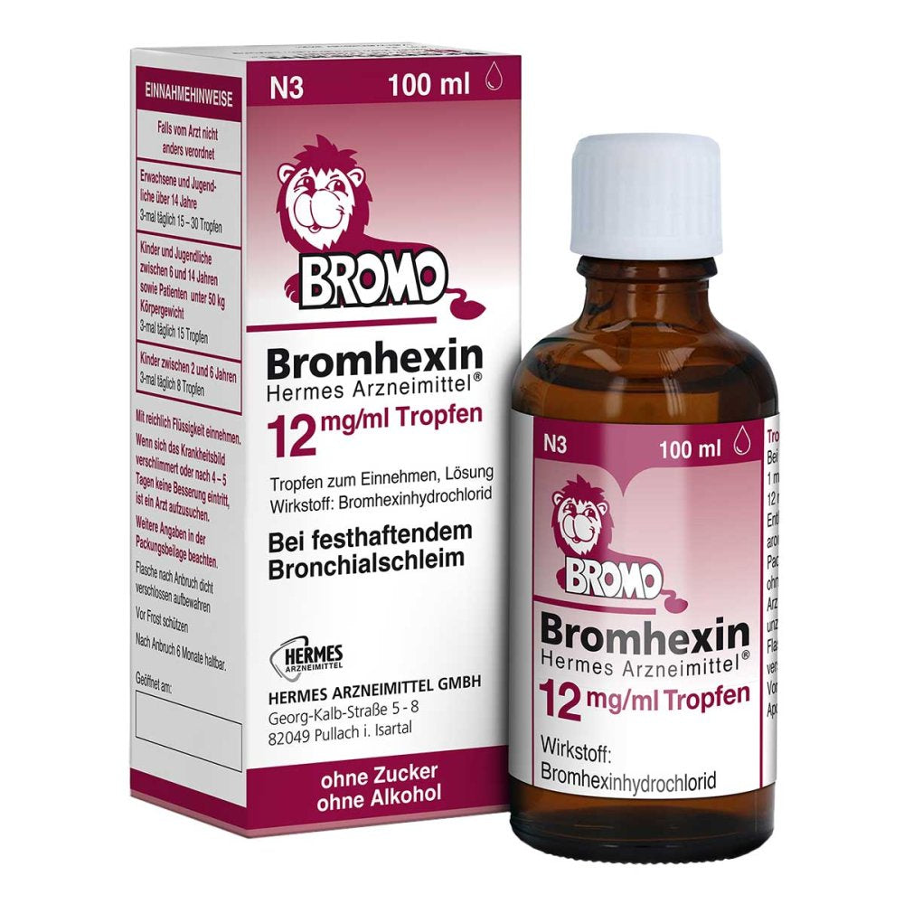 Das Produktfoto zeigt Bromhexin Hermes Arzneimittel 12 Mg/Ml Tropfen (100 ml) PZN 16260594
