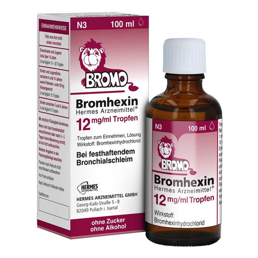 Das Produktfoto zeigt Bromhexin Hermes Arzneimittel 12 Mg/Ml Tropfen (100 ml) PZN 16260594