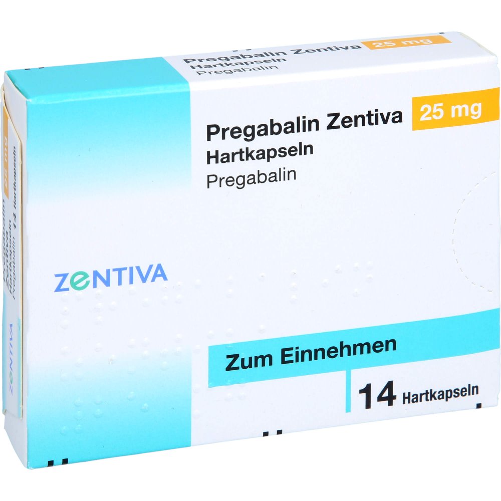 Das Produktfoto zeigt Pregabalin Zentiva 25 Mg Hartkapseln (14 stk) PZN 16321060