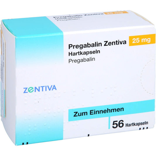 Das Produktfoto zeigt Pregabalin Zentiva 25 Mg Hartkapseln (56 stk) PZN 16321108