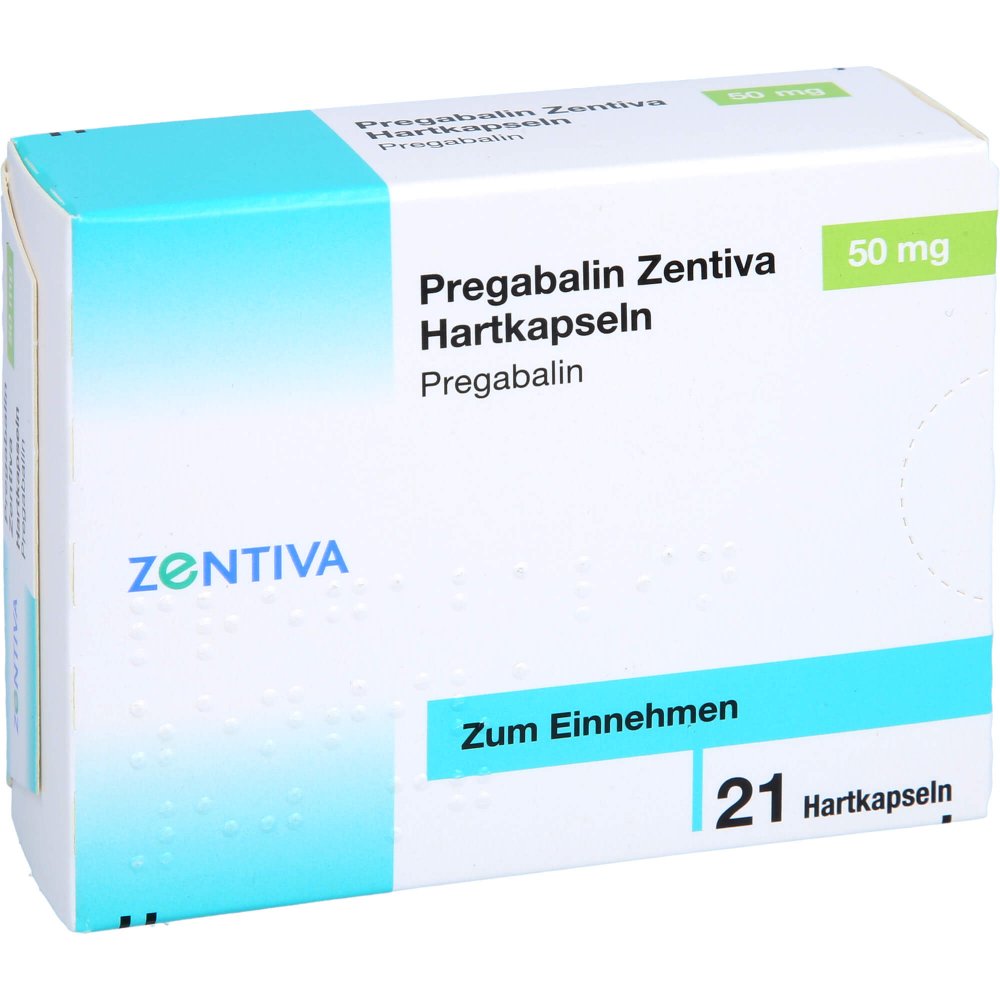 Das Produktfoto zeigt Pregabalin Zentiva 50 Mg Hartkapseln (21 stk) PZN 16321189