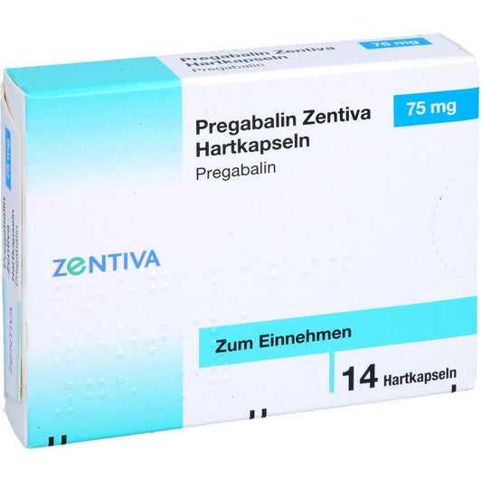 Das Produktfoto zeigt Pregabalin Zentiva 75 Mg Hartkapseln (14 stk) PZN 16321249