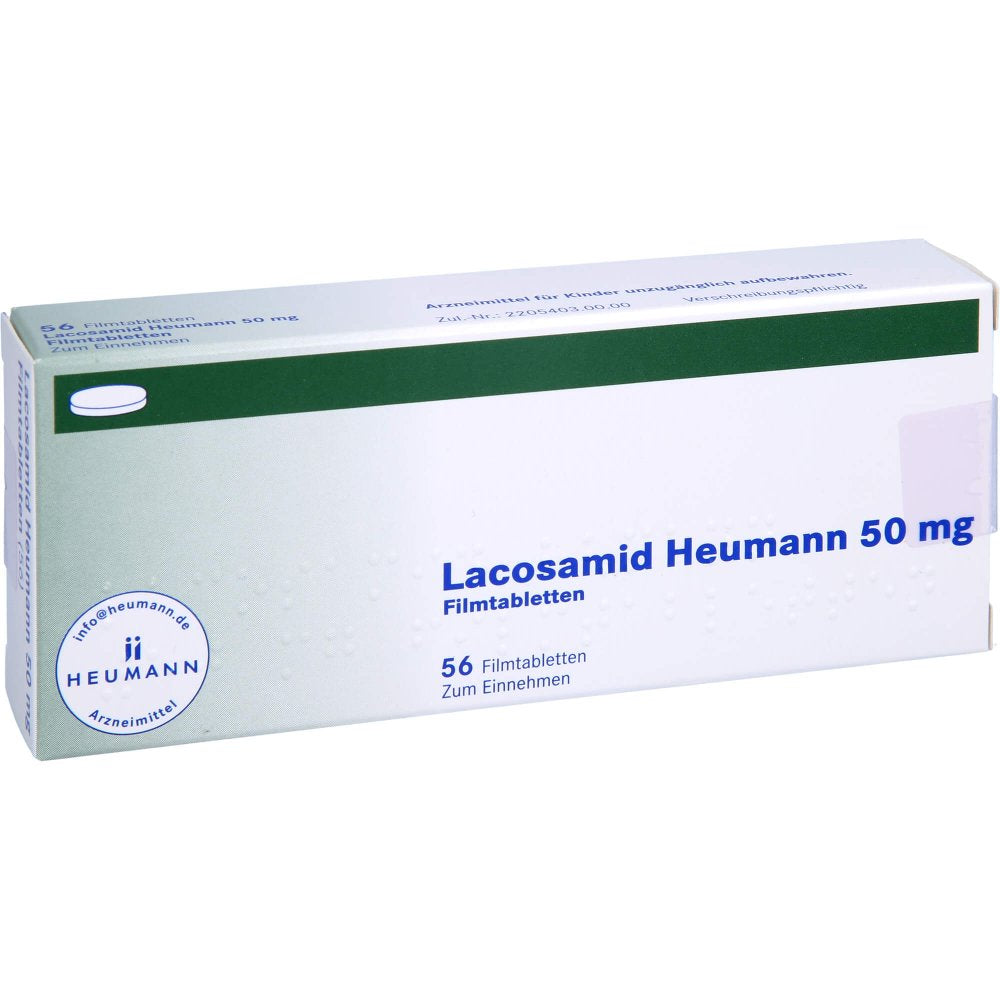 Das Produktfoto zeigt Lacosamid Heumann 50 Mg Filmtabletten (56 stk) PZN 16358198
