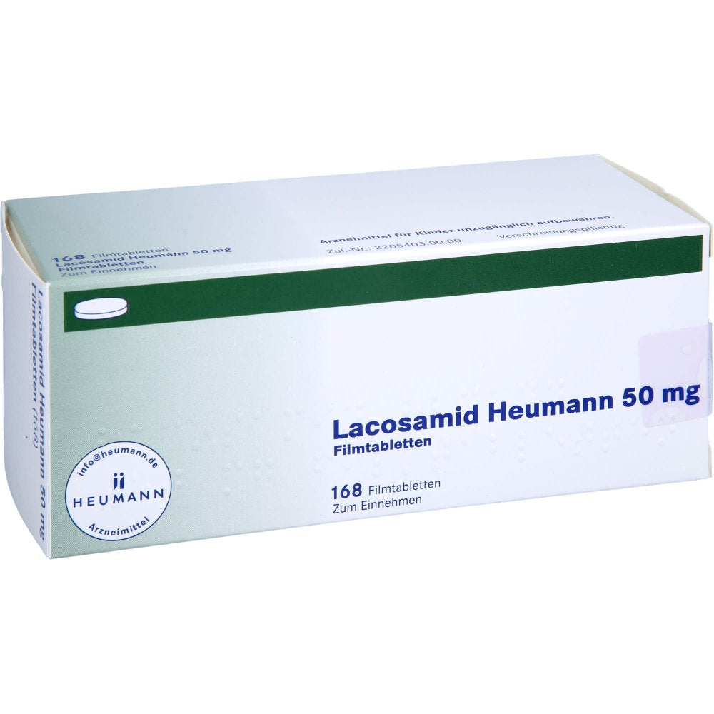Das Produktfoto zeigt Lacosamid Heumann 50 Mg Filmtabletten (168 stk) PZN 16358206