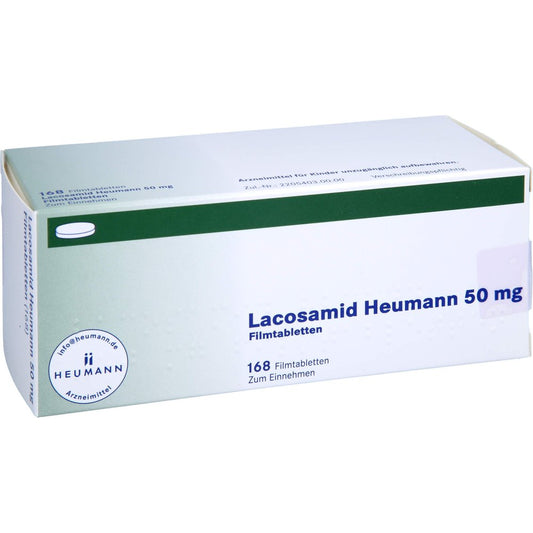Das Produktfoto zeigt Lacosamid Heumann 50 Mg Filmtabletten (168 stk) PZN 16358206