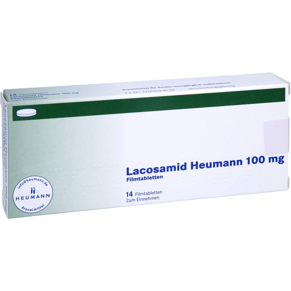 Das Produktfoto zeigt Lacosamid Heumann 100 Mg Filmtabletten (14 stk) PZN 16358212