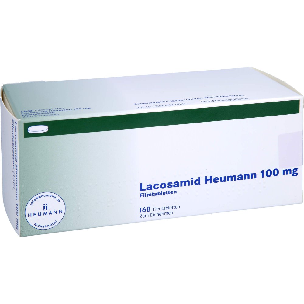 Das Produktfoto zeigt Lacosamid Heumann 100 Mg Filmtabletten (168 stk) PZN 16358235