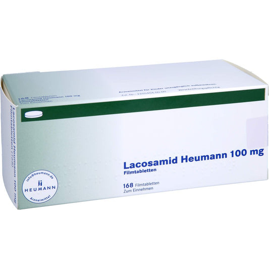Das Produktfoto zeigt Lacosamid Heumann 100 Mg Filmtabletten (168 stk) PZN 16358235