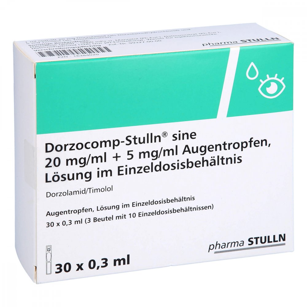 Das Produktfoto zeigt Dorzocomp-Stulln Sine 20 Mg/Ml+5 Mg/Ml Atr Im Edb (30X0.3 ml) PZN 16384020