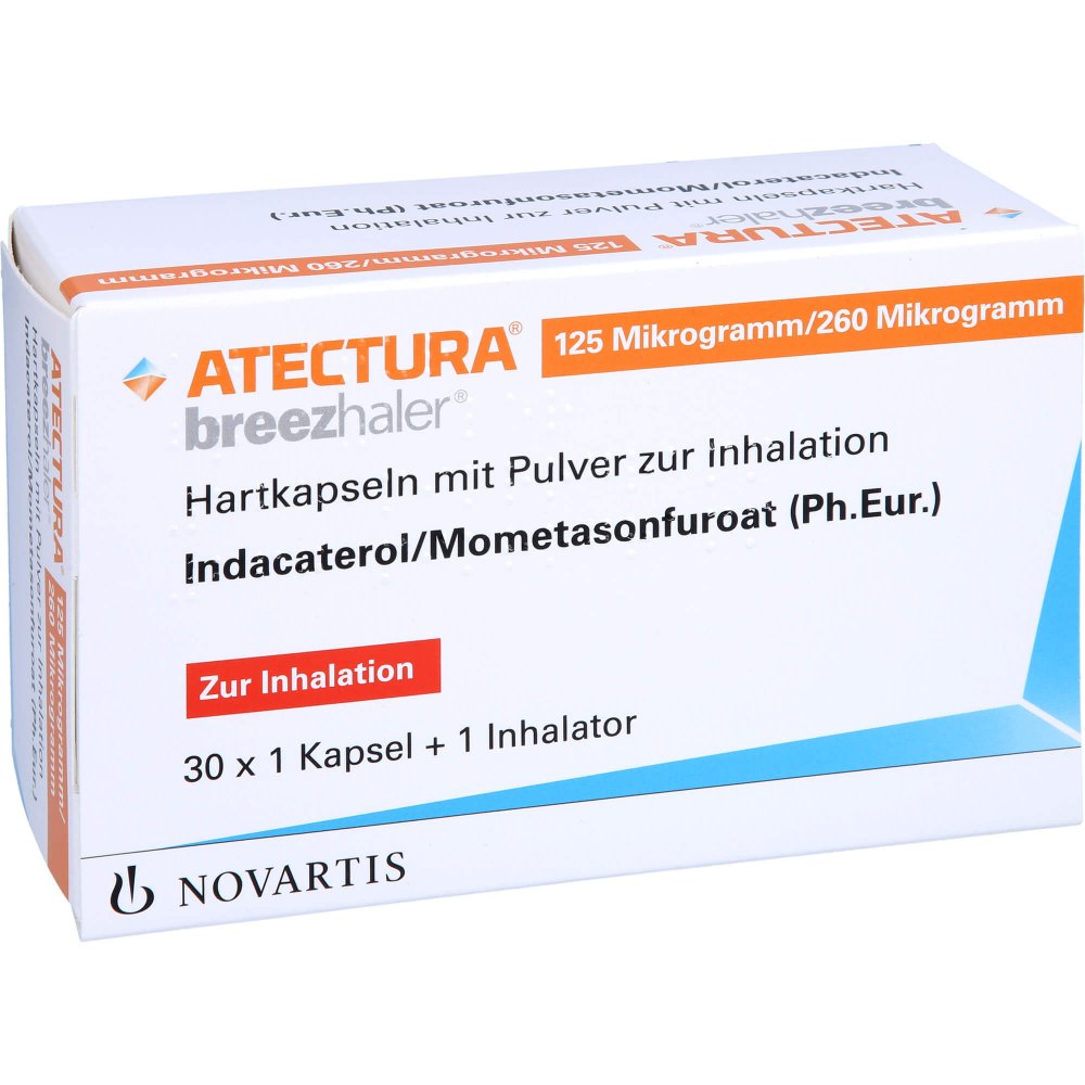 Das Produktfoto zeigt Atectura Breezhaler 125μg/260μg Hartk.M.Plv.Z.Inh. (30 stk) PZN 16384971