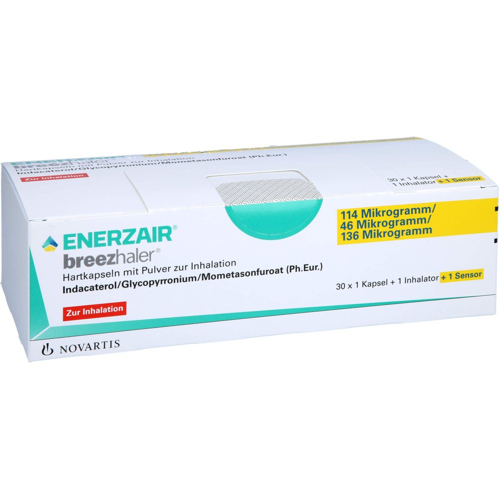 Das Produktfoto zeigt Enerzair Breezhaler 114μg/46μg/136μg Hkp.+Sensor (30 stk) PZN 16385083