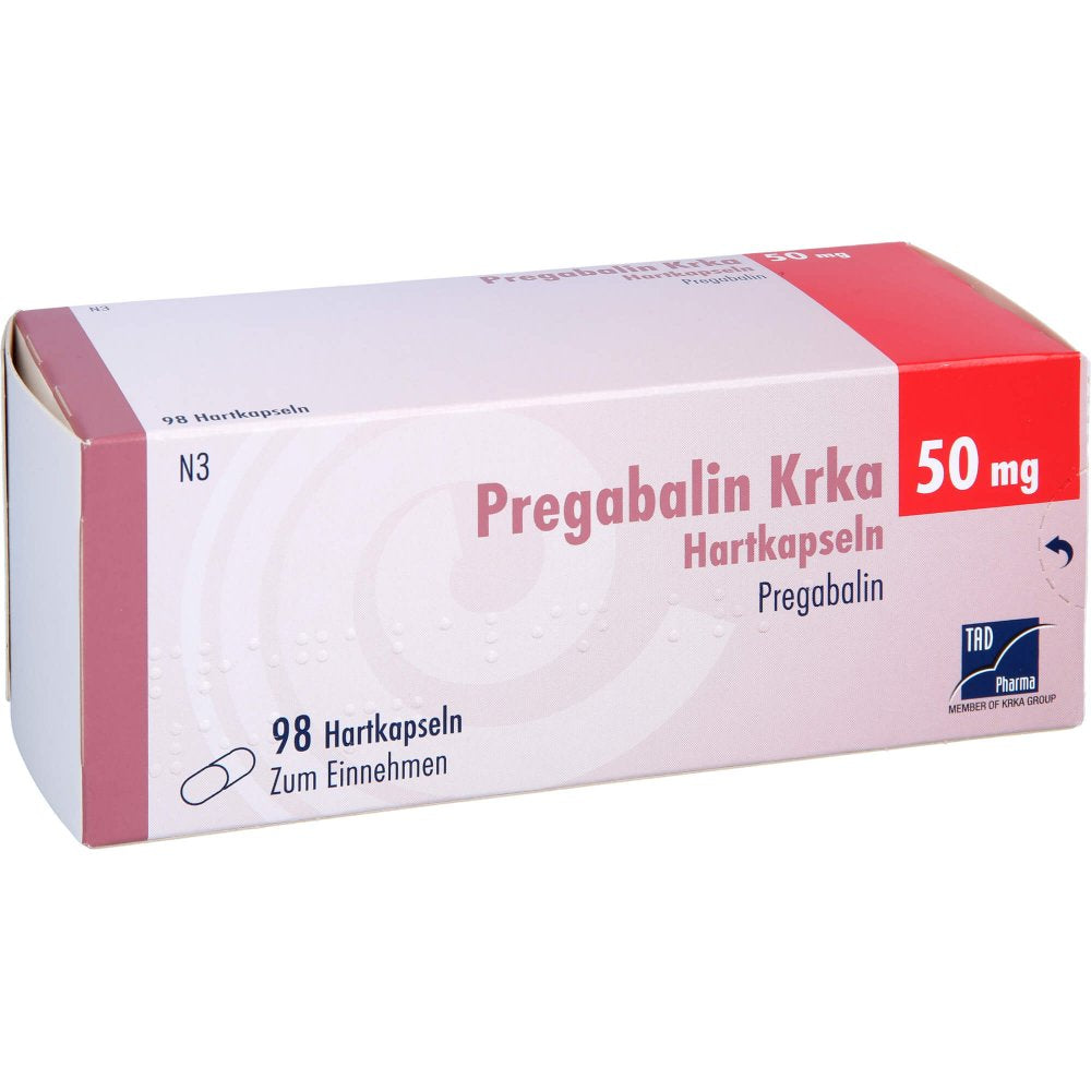 Das Produktfoto zeigt Pregabalin Krka 50 Mg Hartkapseln (98 stk) PZN 16387840