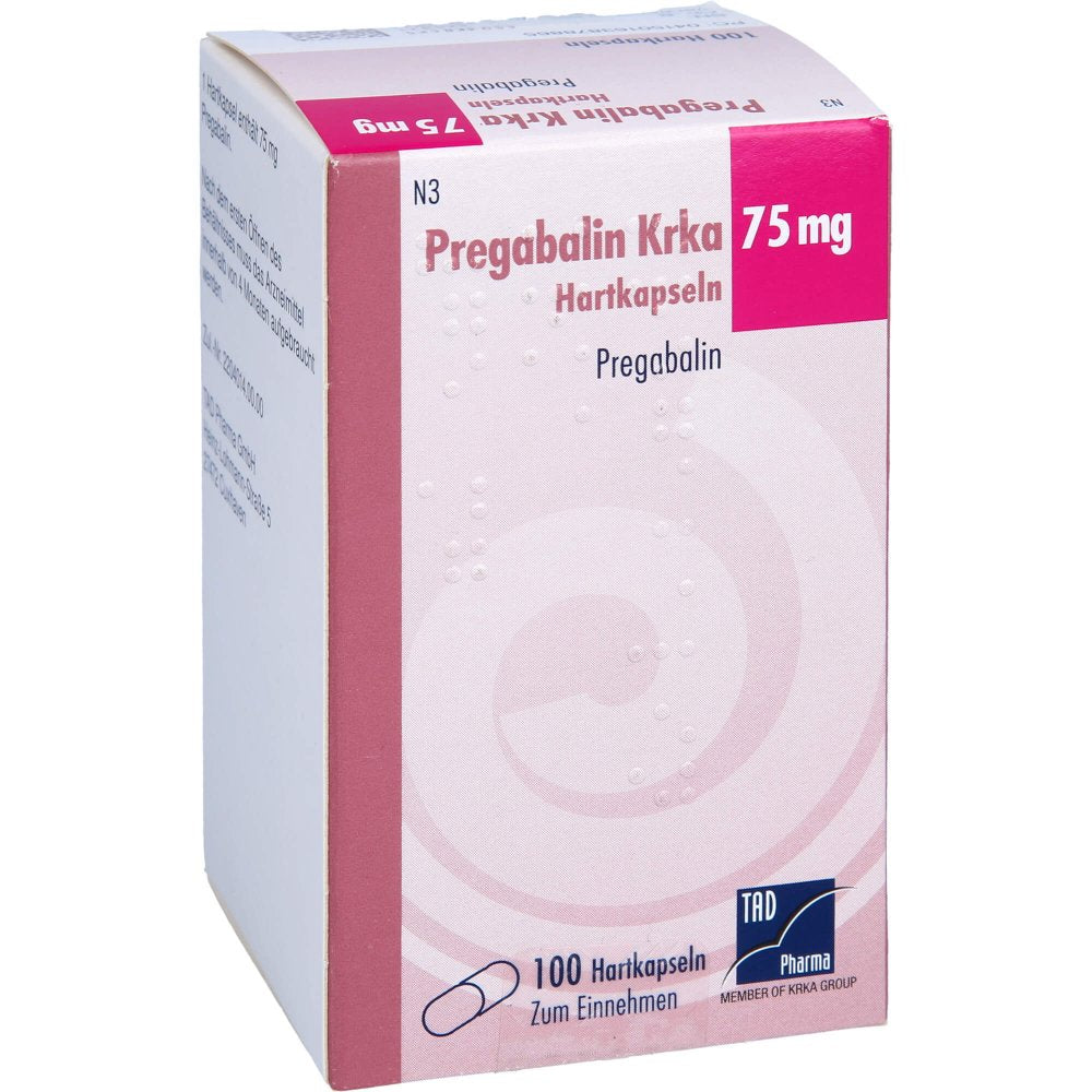 Das Produktfoto zeigt Pregabalin Krka 75 Mg Hartkapseln Dose (100 stk) PZN 16387886