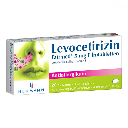 Das Produktfoto zeigt Levocetirizin Fairmed 5 Mg Filmtabletten (20 stk) PZN 16392226