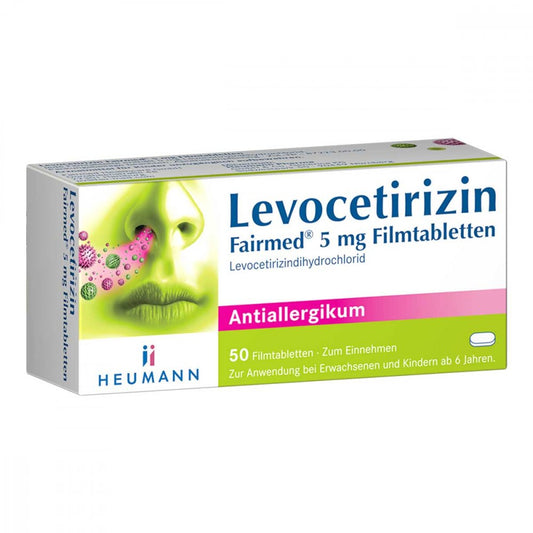 Das Produktfoto zeigt Levocetirizin Fairmed 5 Mg Filmtabletten (50 stk) PZN 16392232