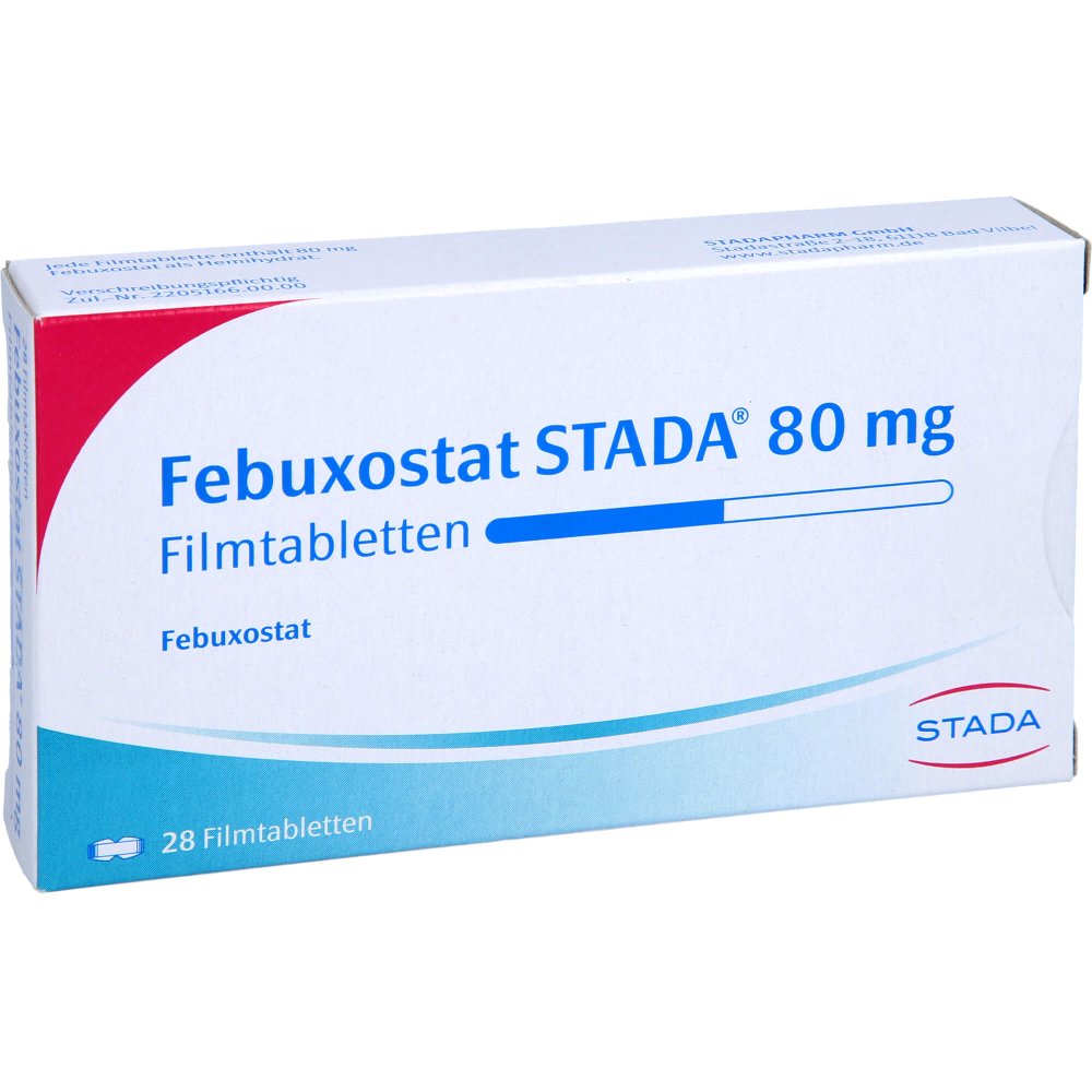 Das Produktfoto zeigt Febuxostat Stada 80 Mg Filmtabletten (28 stk) PZN 16395621