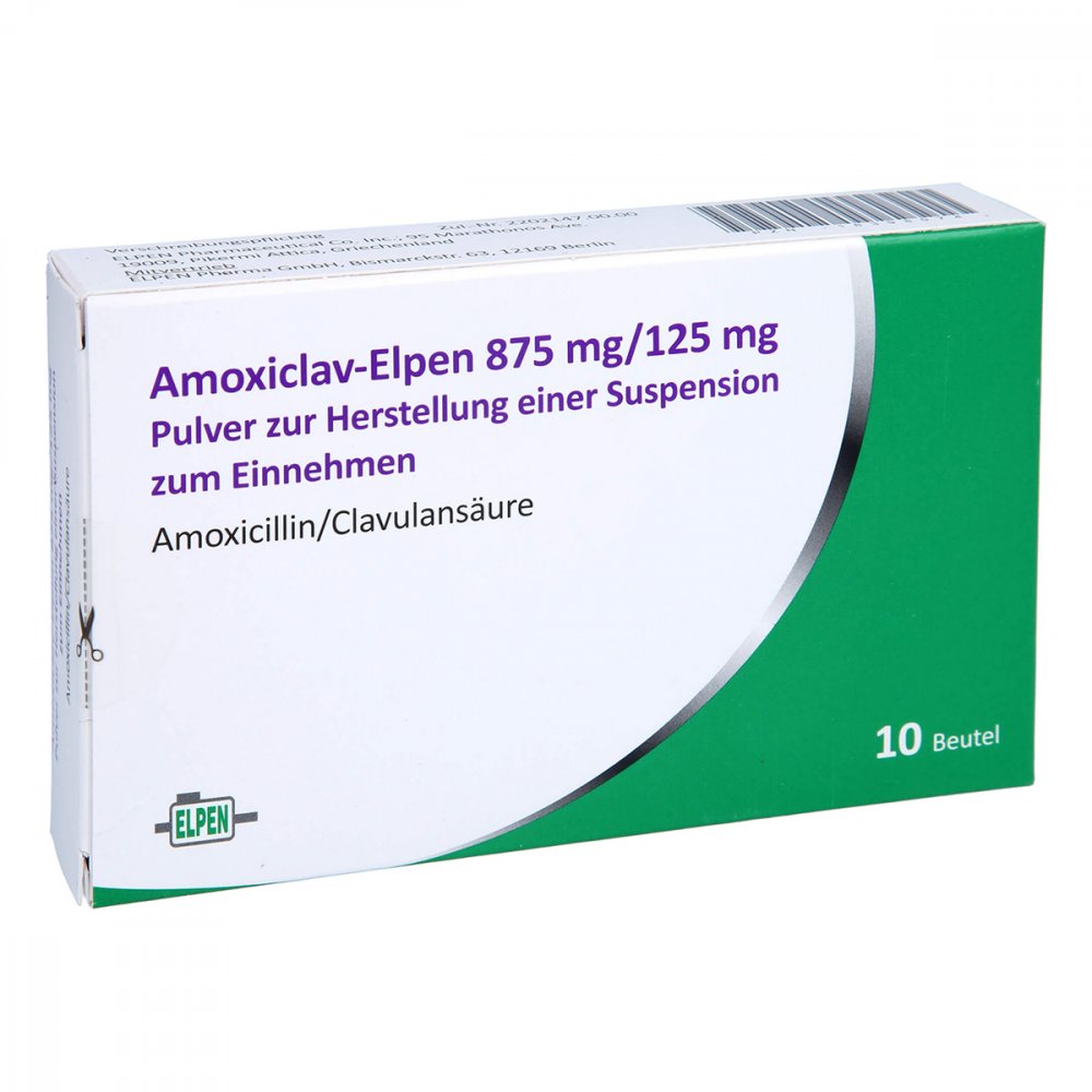 Das Produktfoto zeigt Amoxiclav-Elpen 875 Mg/125 Mg P.H.Susp.Z.Einn. (10 stk) PZN 16398074