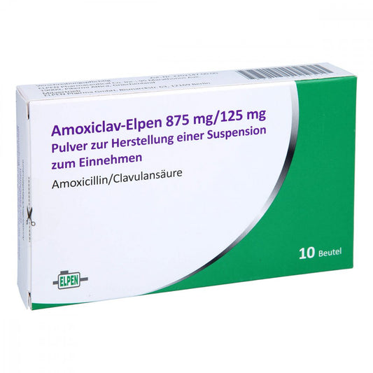 Das Produktfoto zeigt Amoxiclav-Elpen 875 Mg/125 Mg P.H.Susp.Z.Einn. (10 stk) PZN 16398074