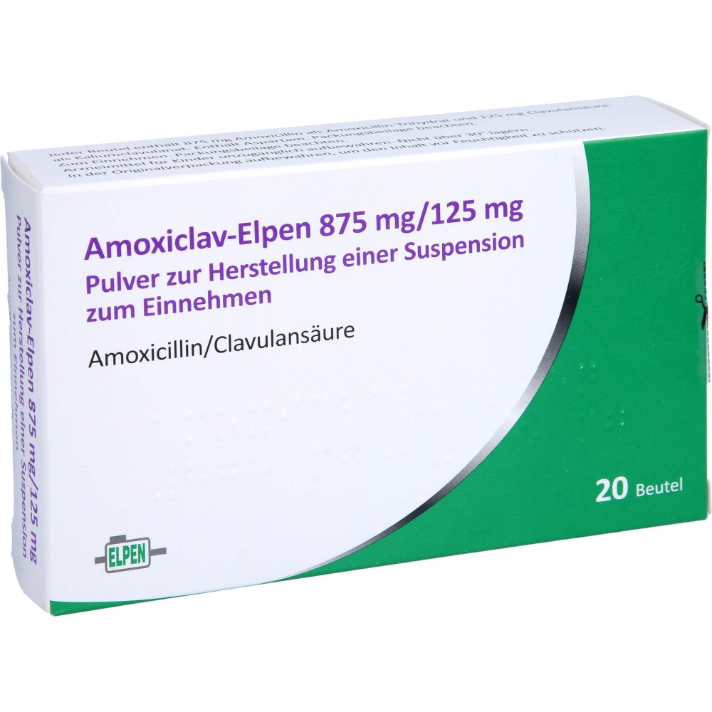 Das Produktfoto zeigt Amoxiclav-Elpen 875 Mg/125 Mg P.H.Susp.Z.Einn. (20 stk) PZN 16398080