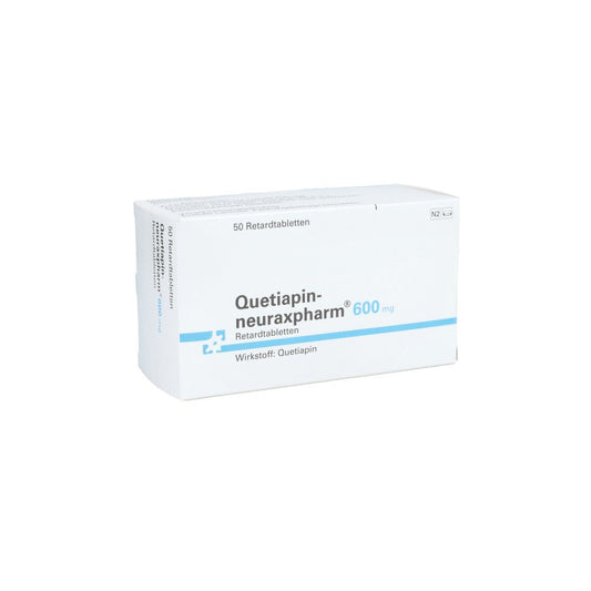 Das Produktfoto zeigt Quetiapin-Neuraxpharm 600 Mg Retardtabletten (50 stk) PZN 16398370