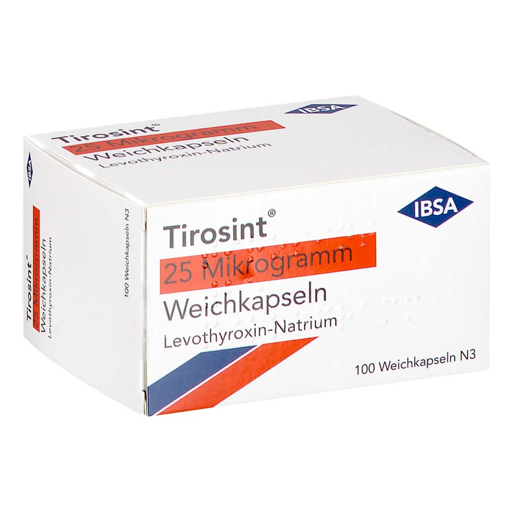 Das Produktfoto zeigt Tirosint 25 Mikrogramm Weichkapseln (100 stk) PZN 16499384