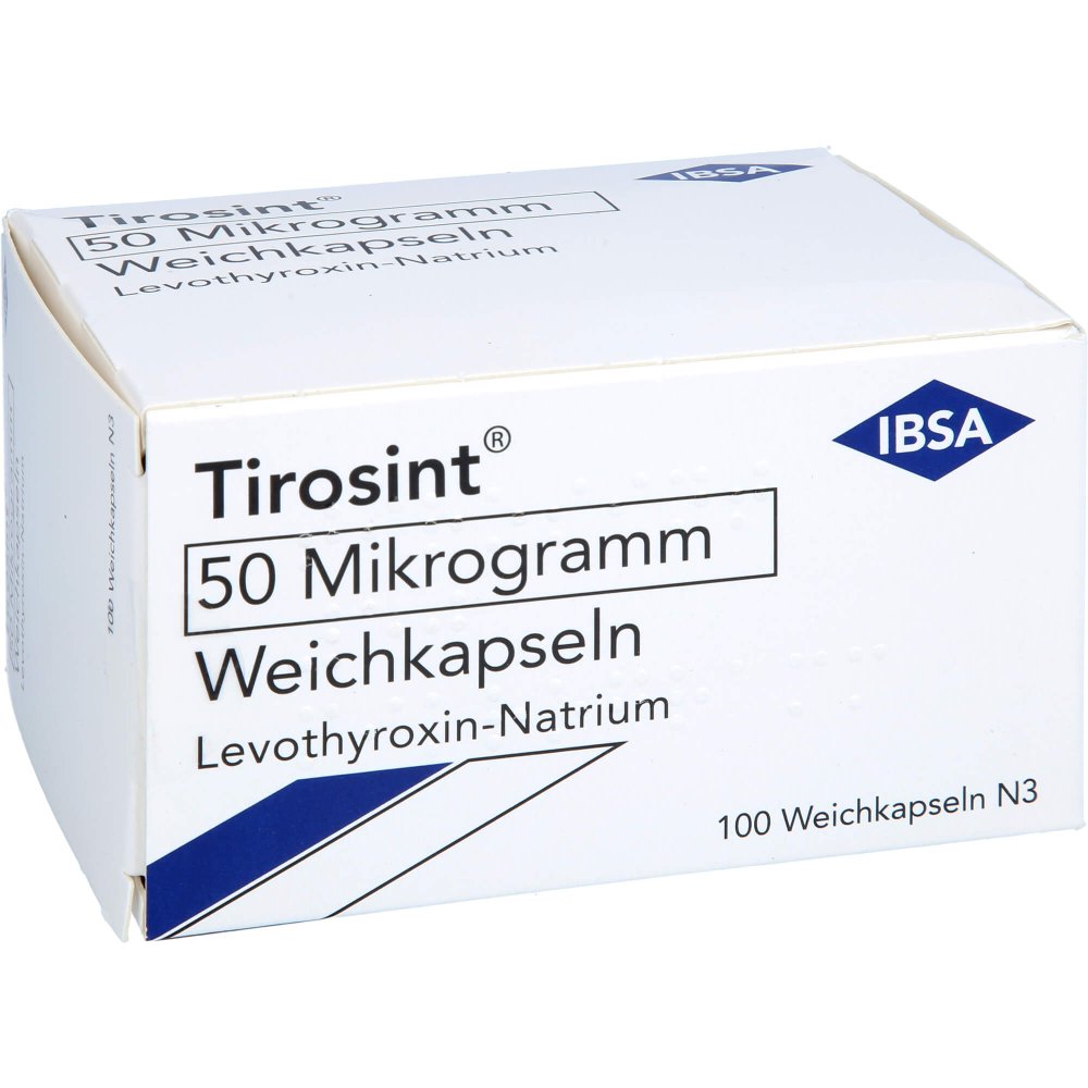 Das Produktfoto zeigt Tirosint 50 Mikrogramm Weichkapseln (100 stk) PZN 16499390