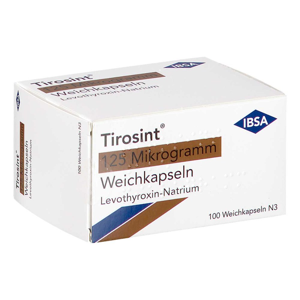 Das Produktfoto zeigt Tirosint 125 Mikrogramm Weichkapseln (100 stk) PZN 16499450
