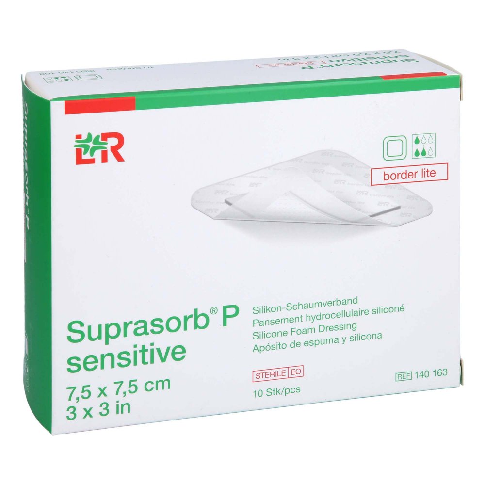 Das Produktfoto zeigt Suprasorb P Sensitive Pu-Schaumv.Bor.Lite 7,5x7,5 (10 stk) PZN 16503855