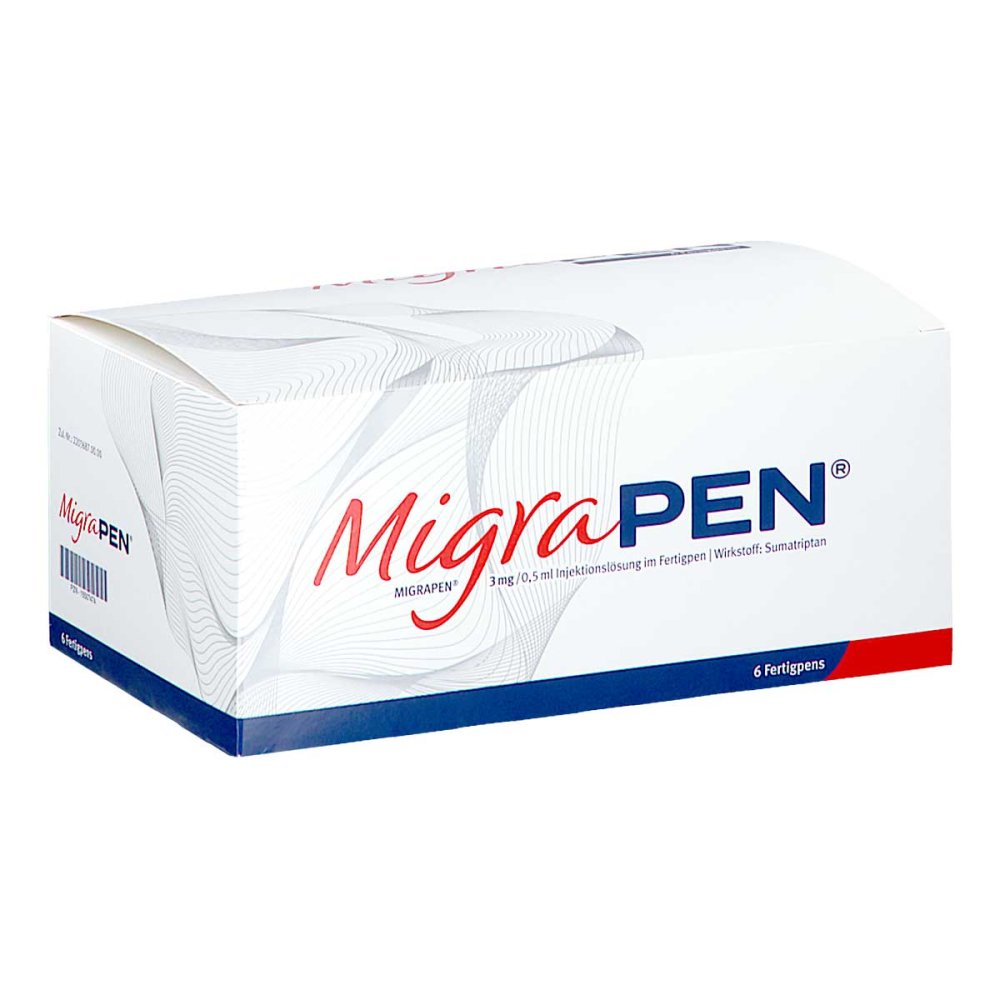 Das Produktfoto zeigt Migrapen 3 Mg/0,5 Ml Inj.-Lsg.In Einem Fertigpen (6 stk) PZN 16507474