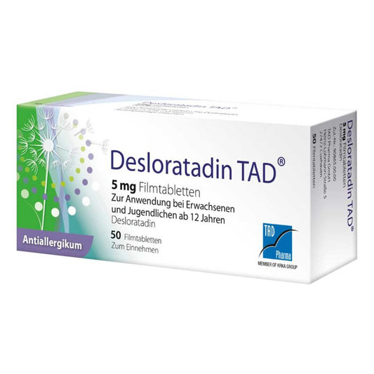 Das Produktfoto zeigt Desloratadin Tad 5 Mg Filmtabletten (50 stk) PZN 16507735